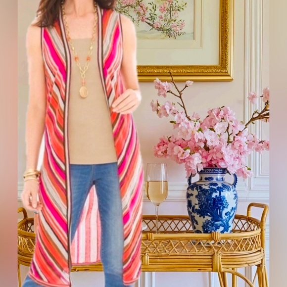 Chico's Striped Sleeveless Vest‎ Lightweight Open Front Knit Midi Cardigan Sz M - Picture 1 of 11